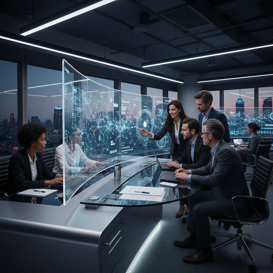 Team collaborating in a futuristic workspace